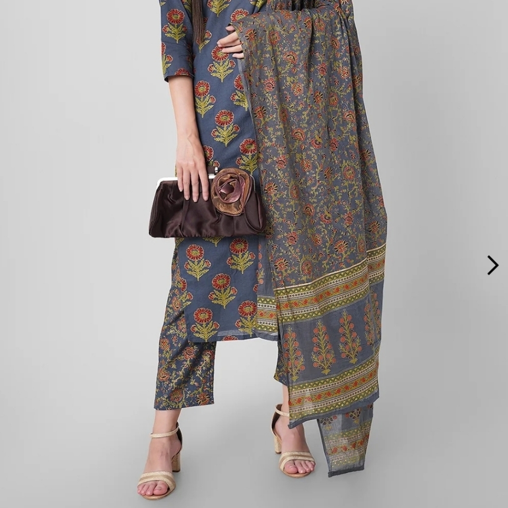 Arayna Cotton Floral Dupatta & Palazzo Pants Set Blue/Gold XL